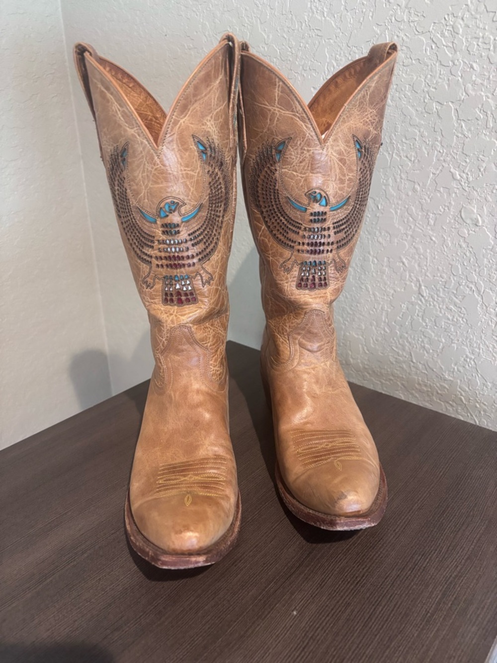 Johnny Ringo Tan Western Cowboy Boots with Turquoise & Brown Embroidery